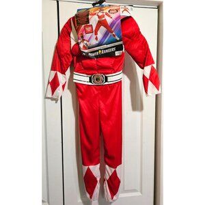Red Power Ranger Kids Muscle Costume Suit Mask Saban Rangers Retro Boys 4-6